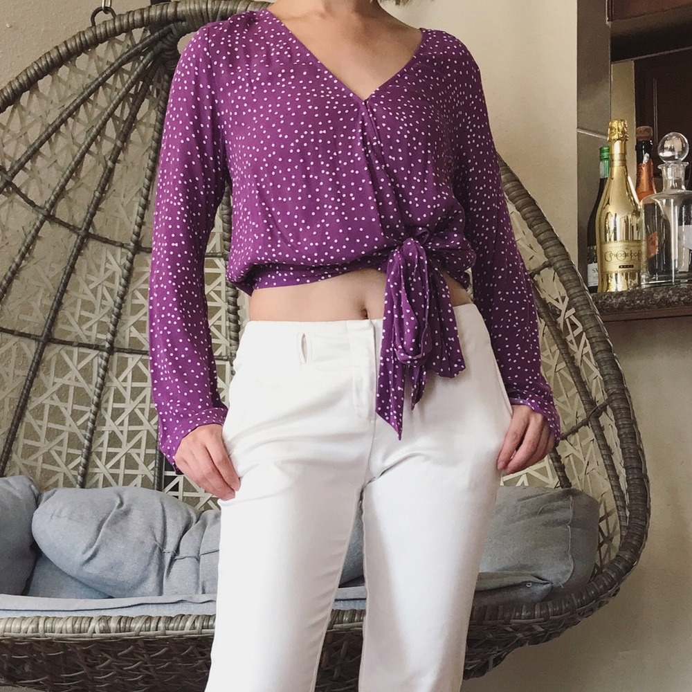 🔥BP. Tie Waist Surplice Top - Purple Polka Dot